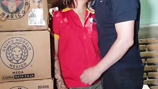 The store manager offers his employee benefits in exchange for rough sex behind the stockroom