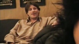 Lustful chick in mesh gets butt fingered and banged on couch
