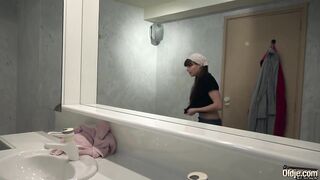 Old Young cleaning lady gets banged by wrinkled old man and swallows cum