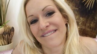 A slutty golden-haired with a pink pussy jerks off whilst banging, licks his balls, and sucks his hard dick until he cums in her mouth.