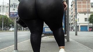 "Masked BBW Changes from Black Leggings to Tiny Belt at Public Bus Stop"