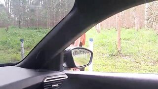 flashing his dong at a beauty in the car!