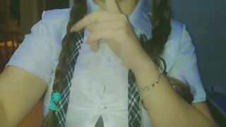 sex and sexy student wearing uniform is caught touching herself and moaning during virtual class