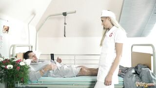 Teen nurses screw old grandpapa in a fake hospital bed and give sloppy oral pleasure