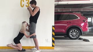 Unknown golden-haired fucks in a parking lot in plain sight