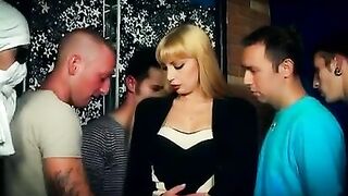 Excited golden-haired honey gets group-banged
