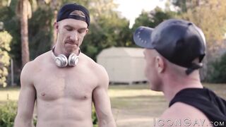 Handsome ramrod Nick Fitt bareback screwing golden-haired homosexual after BJ