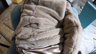 MILKY CUM FLOWS THROUGH SATIN-LINED FURRY COAT