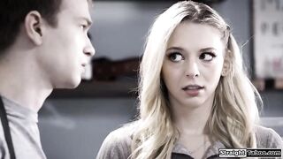 Lily Larimars bf cheated on her for being too uptight.The small bazookas teen will prove she can be freaky and sucks him behind the counter of the cafe
