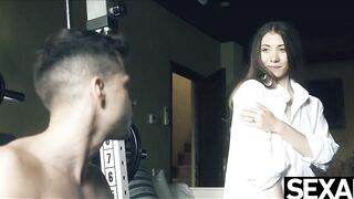 Petite girl sucks and fucks her handsome lover's big dick