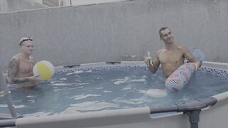 A pool party turned into a rough three-chap fucking of a Russian student.