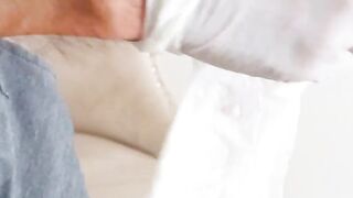 Massive mushroom head dick hard stroking using white latex gloves dude spunk flow