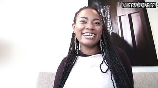 Tattooed Thick Ebony Gets Her Big Natural Bazookas Fondled Hard... She Arches Back Wanting Cock