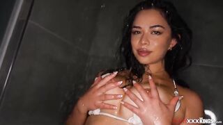 Lalin angel Scarlett Alexis looks so hot in the shower.Black dude Isiah is caressing her big bazookas during the time that they kiss,licks then fucks her soaked shaggy twat.