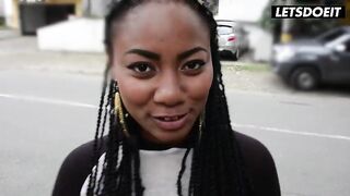 Slender Curvy Ebony Lalin gal Teases His Ramrod on the Street, Goes Home to Screw Him... Can't Stop Smiling at His Wang