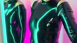 Asian Girl in Shiny Black Latex Catsuit (AI Generated)