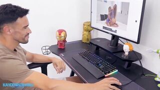 Gamer boy make his fantasy 3some a reality. Sexy 3some with Kayden Pleasing & Carla Boom