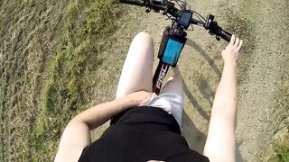 Undressed and slutty in public POV - Riding undressed in nature, shaved body, masturbation until cumshot
