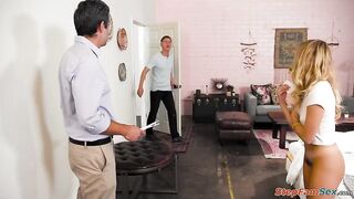 Stepdaughter Khloe Kapri opens the door for her stepdad without panties.This dude needs her signature but the teen is lustful and starts to bang ifo him