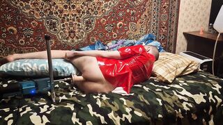 Cute Sasha Earth in an erotic dress having sex with a screw machine homemade