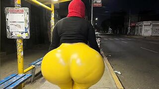 Big Booty Stepcousin in Taut Yellow Leggings at Bus Stop