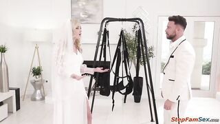 Bride Lexi Lore is shocked that her broinlaw gave her a sex swing.She sees hes sad about her reaction and will try it out.The golden-haired lets him screw her