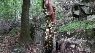 Soldier Beauty Roped To Tree Camouflage Catsuit And Leather Boots