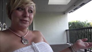 Curvaceous, golden-haired mature with massive melons is sucking knob and getting fucked in her apartment