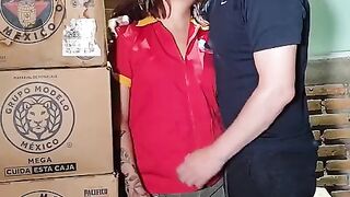 Oxxo cashier getting fucked and sucking penis in the storeroom