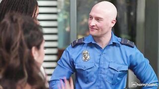 Kira Noir and three Curvy Travelers Undress Down for a Bald Officer Who Whips His Knob Out