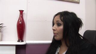 Hot office chicks fuck each other with a huge dildo on a desk