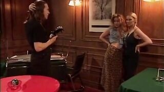 Camera man gets his cock sucked by two concupiscent hotties in dining room