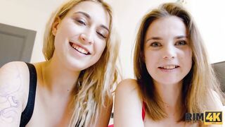 RIM4K. Sweethearts in red and black lingerie surprise single chap with rimming