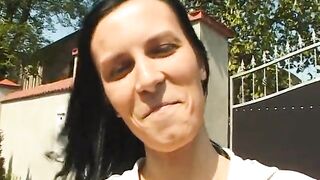 Brunette cutie masturbating in advance of giving a blowjob in pov action