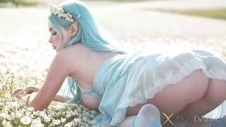 A blue-haired elf gal got lost in a flower field. I showed her the way with my big black penis! My friend joined me and we tore her elven pink holes!! The field full of flowers turned into a field of