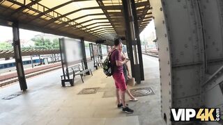 VIP4K. Teen blondie's first time screwing in the train station shitter