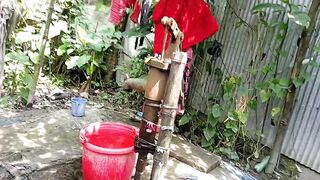 I drilled my village stepsister outside while she was taking a bath.