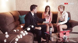 Golden-haired and Brunette Take Turns Jerking Him Off in Sexy FFM