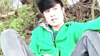 Risky masturbation outdoors a chap's voice caught this cute gay twink with his nuts hanging out, jerking off his uncut foreskin, his butt gap bare