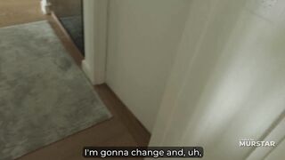 Step Mom with Giant Bazookas Shares the Couch with Step Son in Heart Peignoir and Gets Cum on Her Massive Ass After Spoon Sex