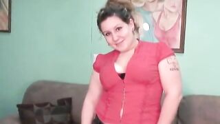 Cute amateur BBW chick with brown hair takes her garments off for the camera