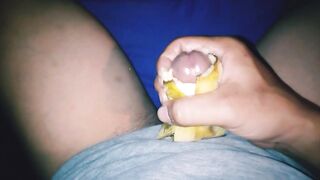Asian solo male jerking off and rub shlong with banana until cumshot
