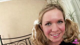 The golden-haired Kimberly c gives Caleb B a thorough handjob before this playgirl rides him in reverse cowgirl and takes his big dick doggystyle until this stud delivers a cumshot facial after her intense orgasm!