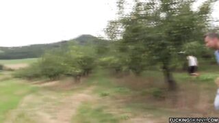 Skinny gymnast teen caught and screwed hard by 2 guys outdoor
