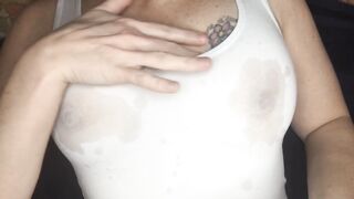Myra soaks her tee with piss and plays with her nipples. Custom ASMR