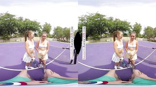 Tennis lessons take a pause when two honeys decide to go back to your place and play with your balls