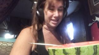 Busty cougar enjoys quarantine squirt eating melon mukbang vegetable cucumber food insertion