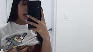 skinny girl does pack in public bathroom