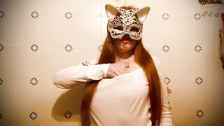 Natural redhead big natural titties with sexy cat mask