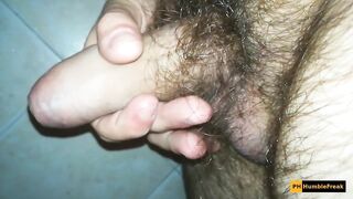 Charming cumshot after shaggy schlong with tight foreskin gets jerked off